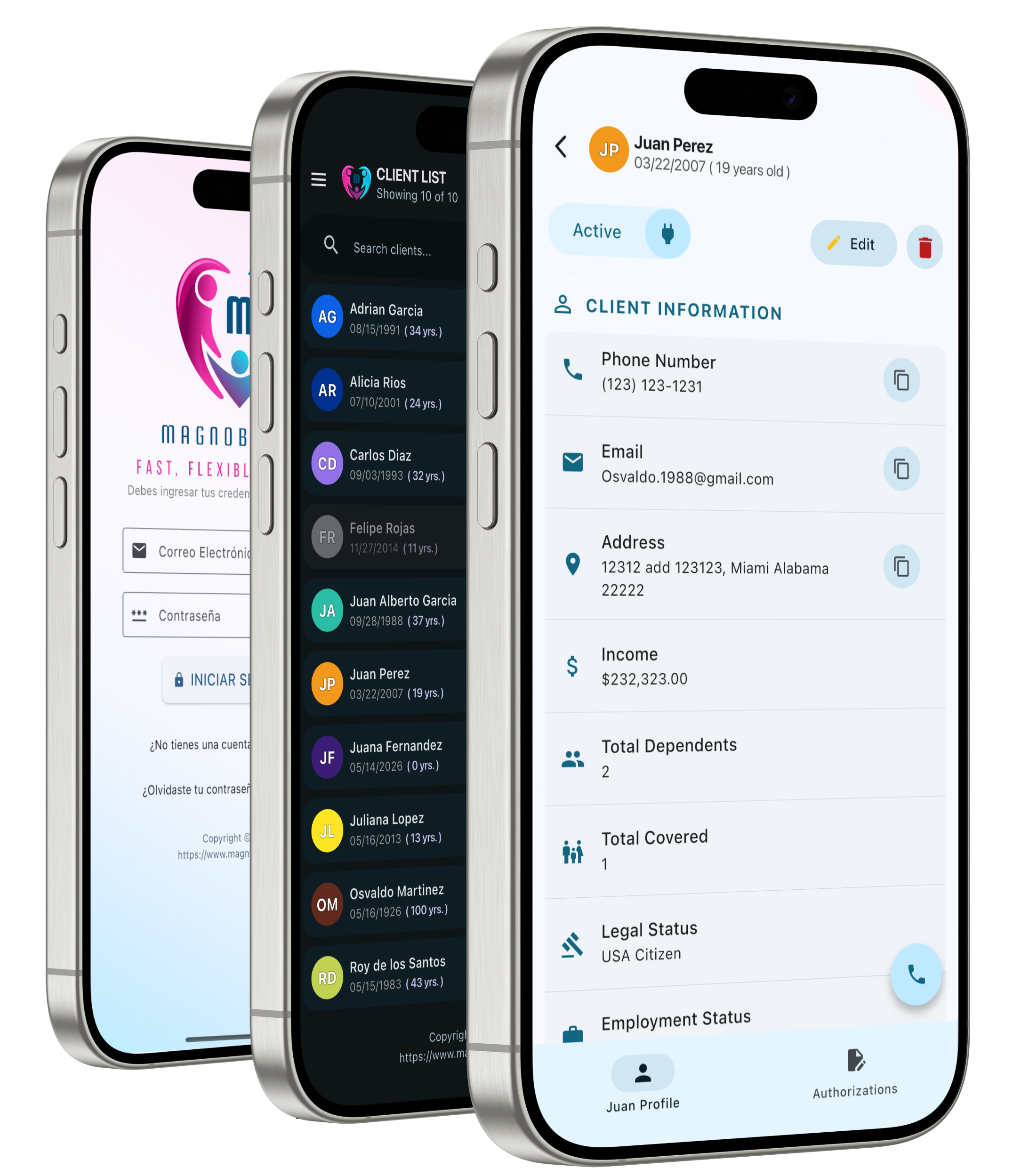 Plataforma Magnobroker para brokers de seguros en pantallas de iPhone